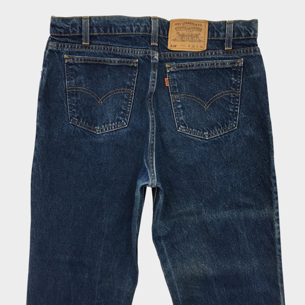 VINTAGE 90s Levis 518 Relaxed Orange Tab Jeans Mens 34x36 Made in USA Dark Wash